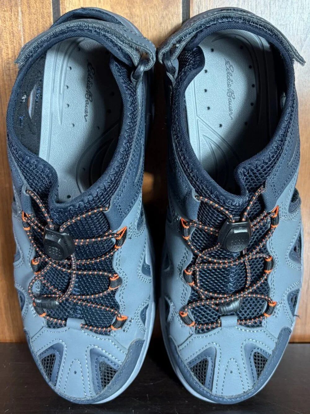 Eddie Bauer Water Sandals Mens Sz 10 Laketrail Gray Orange Bungee Laces Hiking